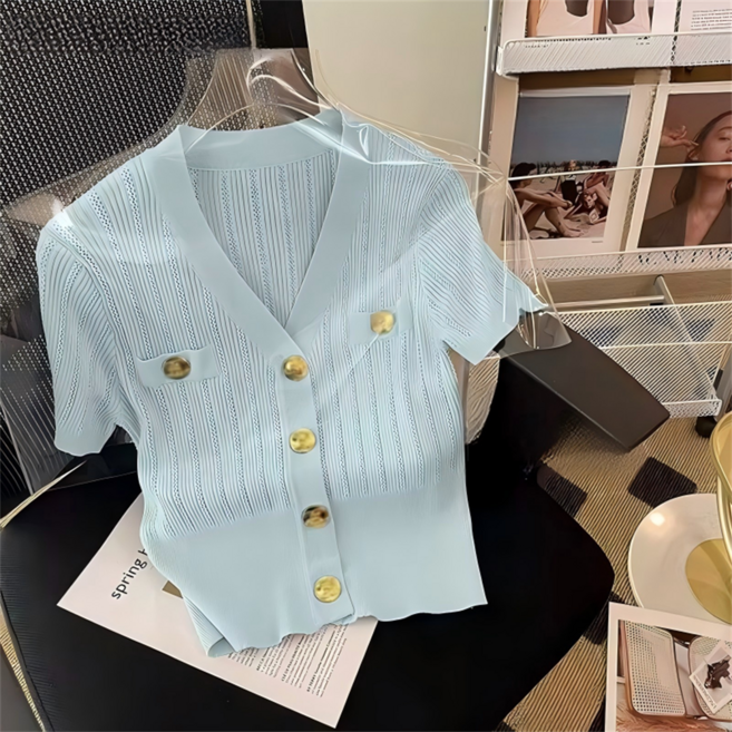 VEZRI 여성용 여름 옐로우 V넥 레이스 니트 오픈카디건 반팔 숏기장 상의 F88