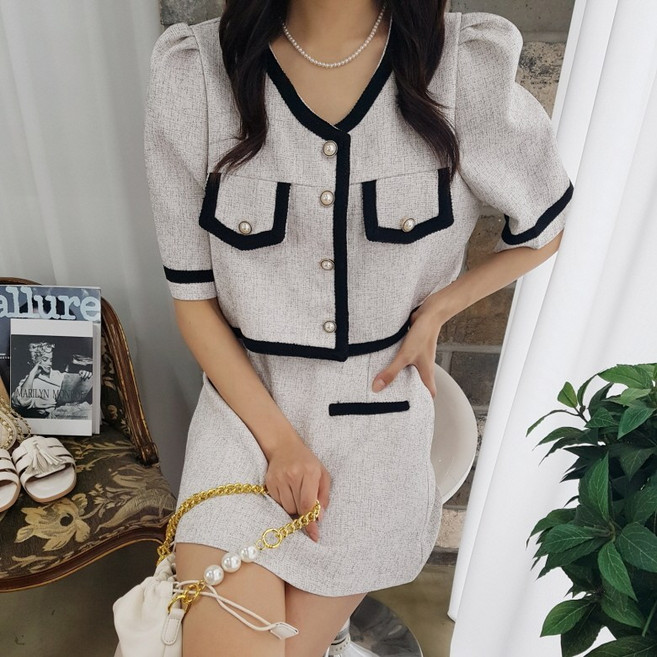 상상그이상 여성용 리리 트위드 세트 페이크포켓 퍼프숄더 배색라인 크롭자켓 미니스커트 세트 러블리무드 하객룩 캐주얼 데이트룩