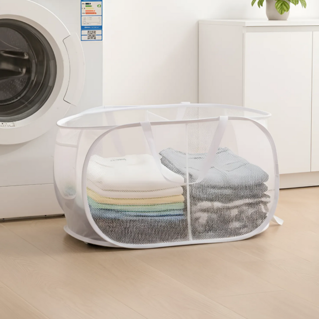 룸앤업 깔끔정리 손잡이 세탁 바구니 2구, 화이트, 화이트