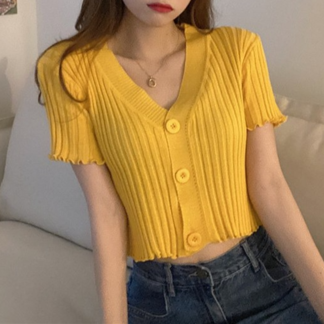 야오야오 오렛트 브이넥 골지 크롭 반팔 가디건