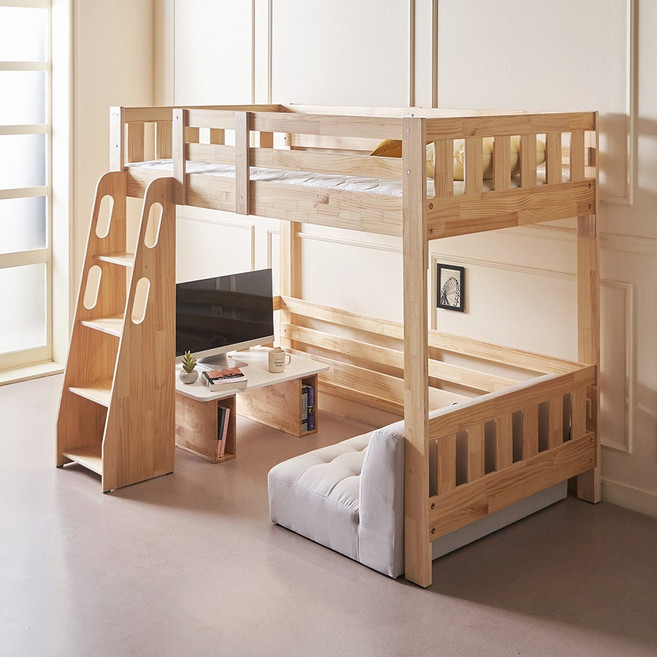 [에보니아] 플로 원목 벙커침대 싱글/슈퍼싱글 (책상 책장 서랍장 옵션선택), S_메모리폼7T