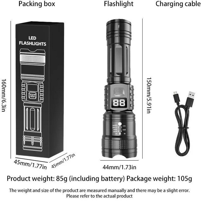Xiaomi 높은 전원 LED 손전등 측면 조명과 충전식 손전등 슈퍼 밝은 장거리 야외 캠핑 하이킹 비상, 2)LCD display, 1개