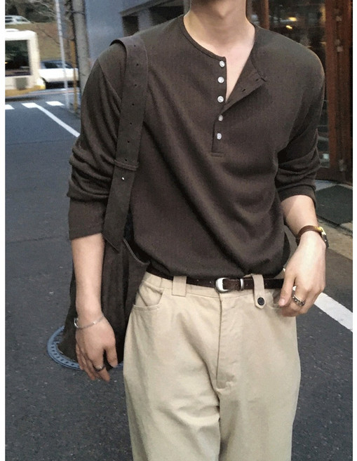 NY STUDIO 條紋肌理亨利領長袖tee 下擺開叉 直條紋休閒氣質文青百搭, 咖啡,L