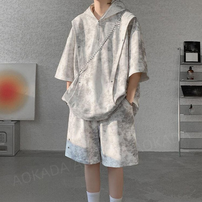 AOKADA 남성 여름 오버핏 후드 반집업 타이다이 반팔 티셔츠 와이드 반바지 캐주얼 투피스 세트
