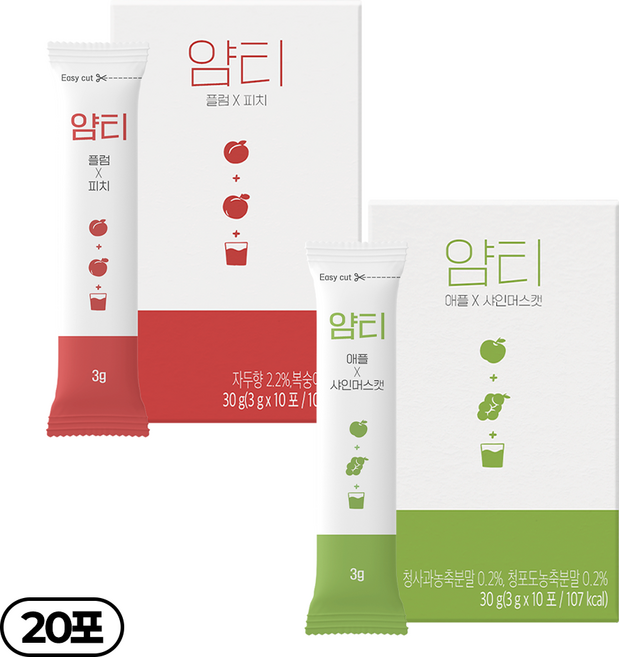 얌티 2종 이온음료 비타민음료 전해질 파우더 플럼 피치 x 애플 샤인머스캣, 2박스, 10개입, 3g