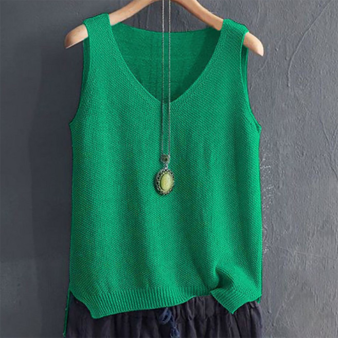 ROYALBELLE 여성 빅사이즈 V넥 레이온 나시 니트 루즈핏 캐주얼 민소매 티셔츠 D0061811