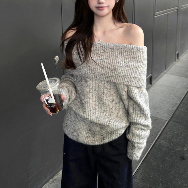 YioYcc 여성 춘추 철 오버핏 빅사이즈 니트 오프숄더 니트 스웨터
