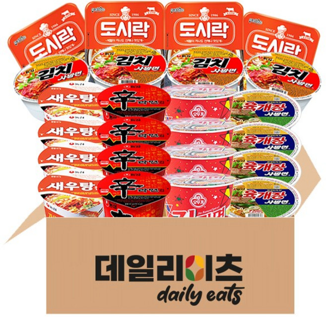 [데일리이츠] 농심 오뚜기 팔도 컵라면 6종 24개입 (육사발 4개 + 김치사발 4개 + 신라면 4개 + 새우탕 4개 + 진라면 매운맛 4개 + 도시락 4개), 2개