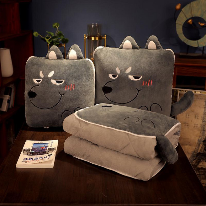 베개 퀼트 듀얼 목적 사무실 낮잠 작은 베개 자동차 담요 자동차 접이식 여름 귀여운, 면화베개3cm이불1*1.5m, 허스키