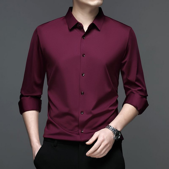 男士長袖襯衫 商務休閒 純色 薄款 全無痕彈力 免燙