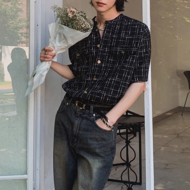 해피유통 봄여름 남성 반팔 체크 자켓 패셔너블 캐주얼 swn