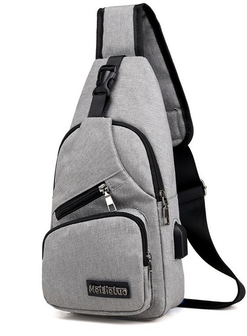 多功能潮流 大容量多袋設計 可調整背帶, 胸包-灰色