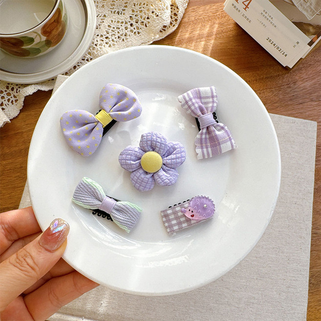 크레용펫 강아지 빗살핀 5종 세트 머리핀 리본핀 삔 악세사리 4color, 1개, 머리핀세트-라벤더퍼플