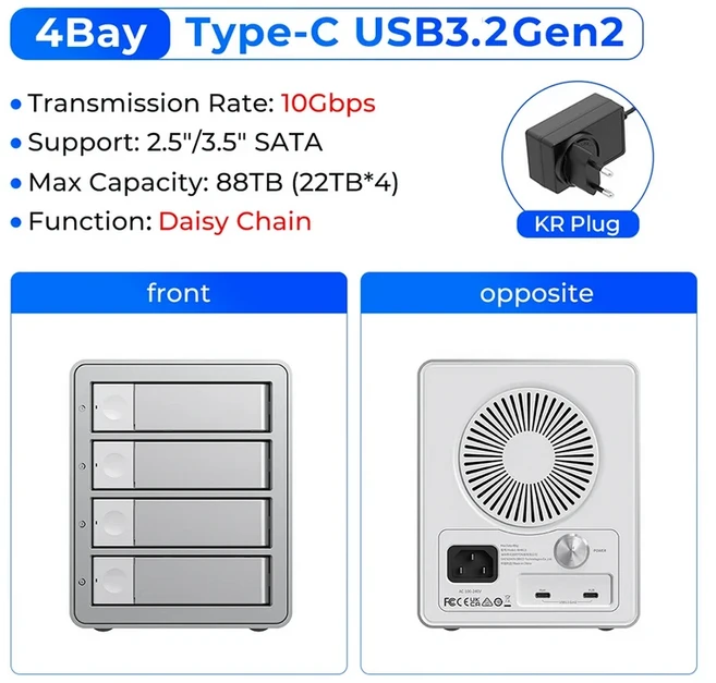 ORICO 5/4베이 DAS 10Gbps 2.5/3.5 SATA HDD 도킹 스테이션 SSD 외장 케이스 하드 드라이브 C 150W 전원 데, 01 CHINA, 03 4Bay KR Plug(9948C3)