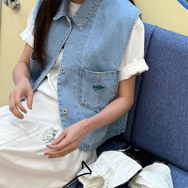 여성 청조끼 데님 베스트 연청 자수 워크 아메카지 한국제작