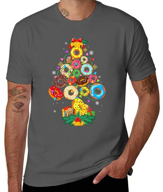 도넛 크리스마스 트리 연인 티셔츠 코튼, 1개, 색상: 4. Dark Gray / 크기: I. S