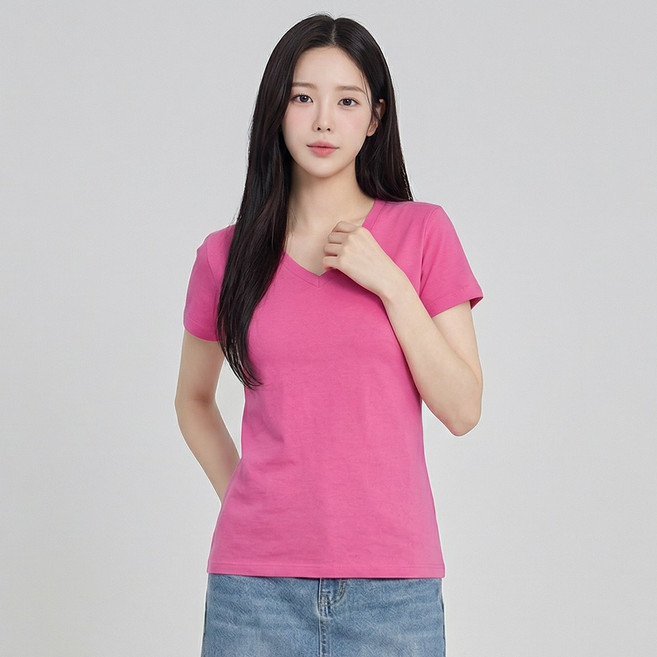 엠제이스타 여성 무지 시원한 심플 스판 브이넥 반팔 티셔츠 10color