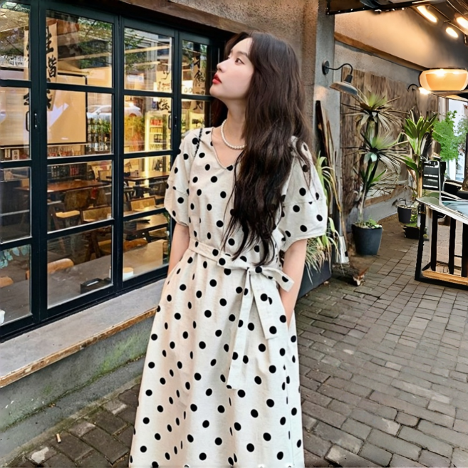 Zoovit 여성 린넨 원피스 여름 반팔 도트 롱원피스