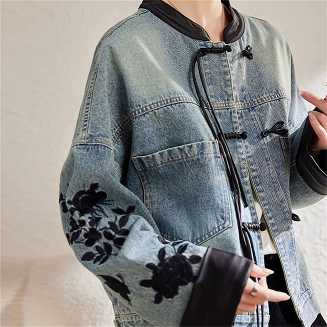 AOKADA 여성 봄 가을 오버핏 배색 차이나네 청자켓 오버핏 플라워 데님 점퍼 아우터