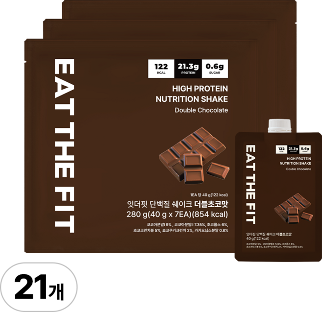 델리스푼 단백질 쉐이크 잇더핏 더블초코맛, 40g, 21개