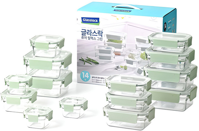 글라스락 퓨어 릴렉스 그린 혼합 밀폐용기, 1개, 밀폐용기 14p
