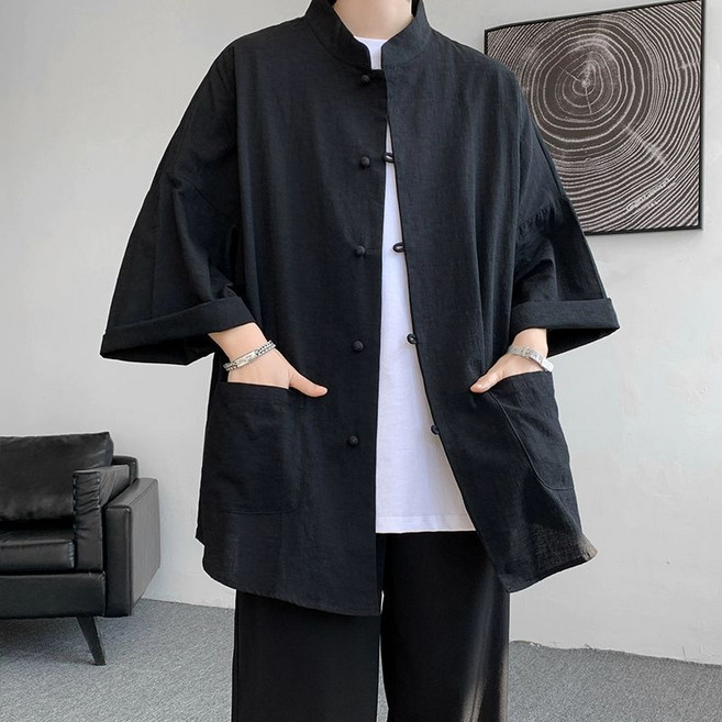 【新中式國風】亞麻襯衫 道袍外套 唐裝 漢服 男裝 七分袖 短袖 夏季薄款 透氣亞麻 禪意休閒 日常穿搭