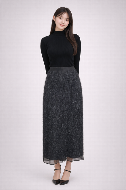 여성 퍼 롱 스커트 트임 슬림핏 겨울 밴딩 스커트 블랙 레이어드 치마