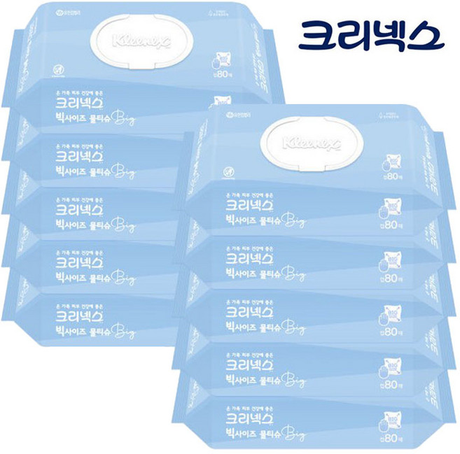 크리넥스 피부에 편한 빅사이즈 물티슈 캡80매 x10개, 45g, 80매, 10개