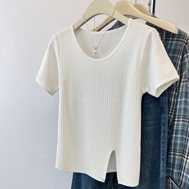 고급스러운 여성반팔니트 여름 골지스웨터 유넥 티셔츠 니트웨어 슬림핏 풀오버 바텀 셔츠 탑 골지