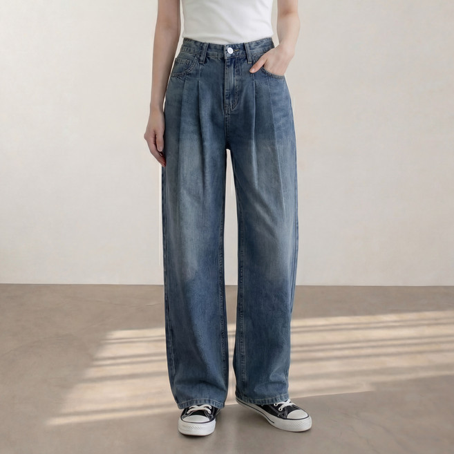 모던스튜디오 여성 빈티지 핀턱 와이드 청바지