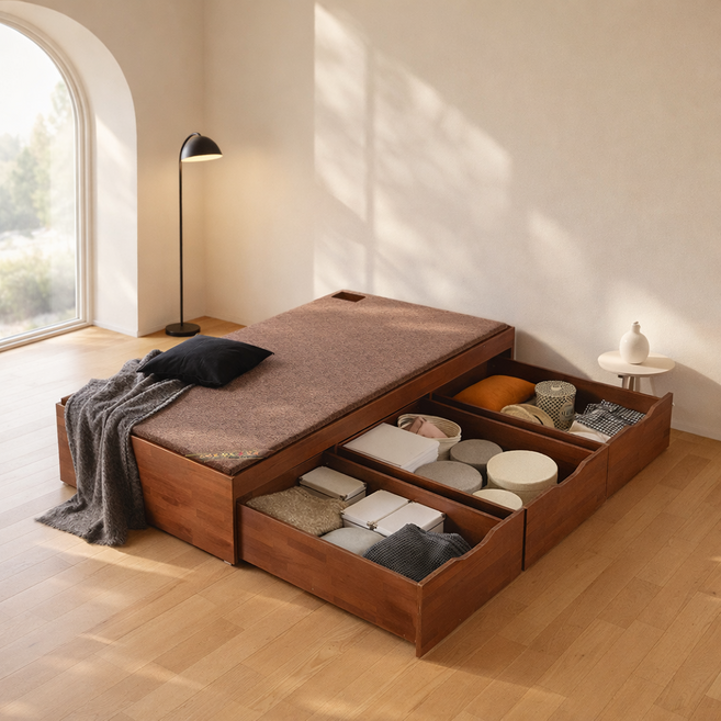 동서가구 힐튼 럭셔리 대용량 서랍형 무헤드 수납 황토숯 흙 침대 싱글 S DF642739, 멀바우브라운