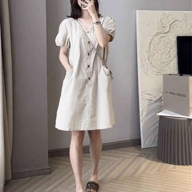 ORZQU 여성 여름 브이넥 퍼프소매 미디원피스 버튼 포켓 박시핏 루즈핏 데일리 나들이 베이직 캐주얼룩