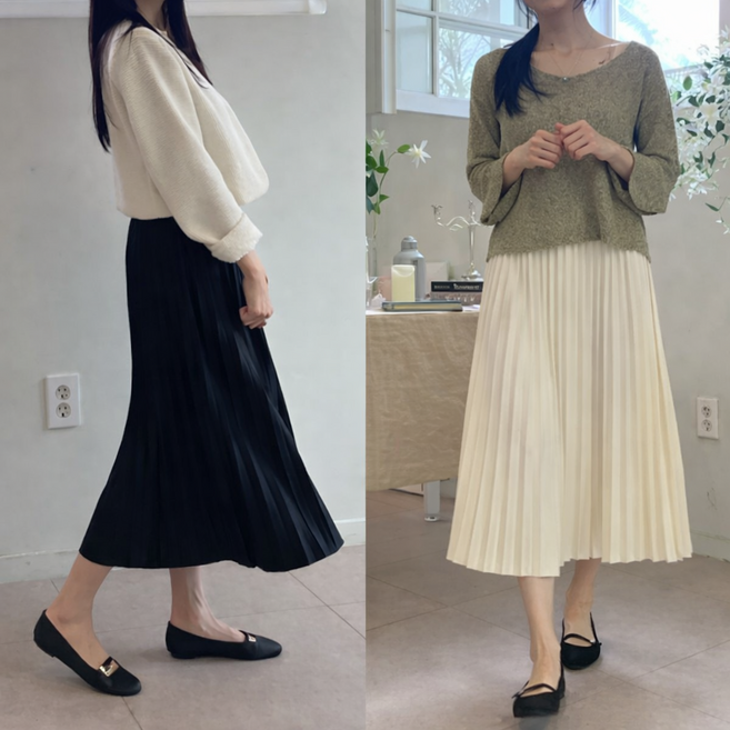 러블루 1+1 플리츠 A라인 밴딩 롱 스커트