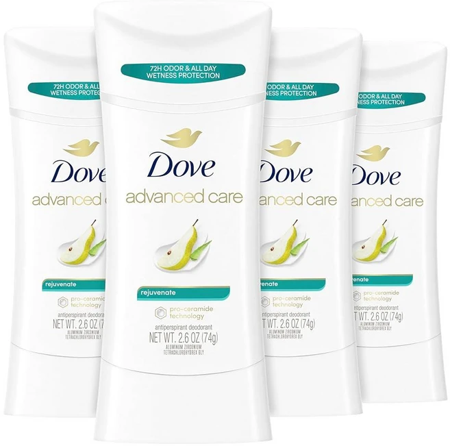 Dove Advanced Care 땀 억제 데오도란트 스틱 4개입 재생 피부의 세라마이드 레벨을 높여 면도 후 피부 장벽 회복에 도움이 됩니다. 72시간 냄새 조절 부드러운, 74g - 쿠팡
