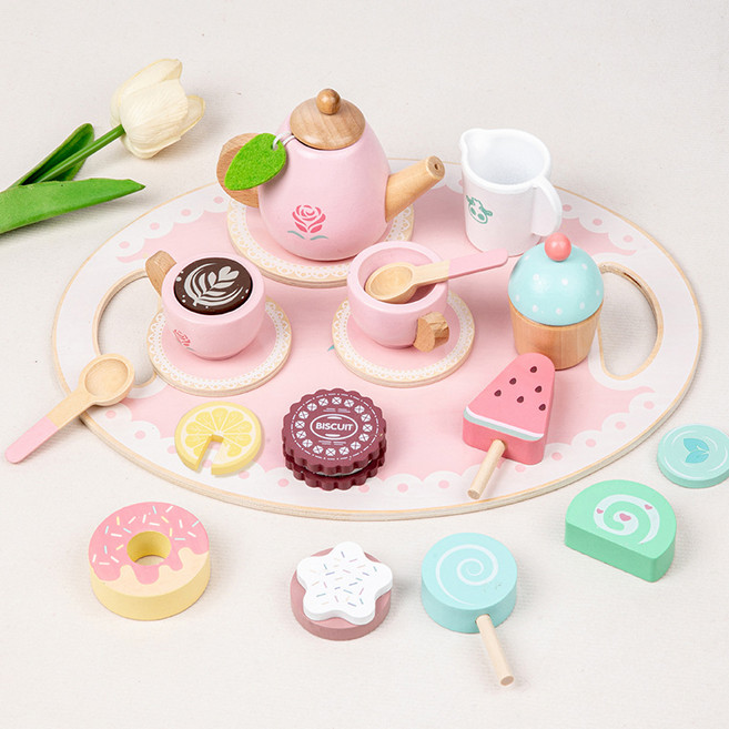 원목 소꿉놀이 티파티 장난감 세트 유아 어린이 역할놀이 주방놀이, 1세트, 핑크