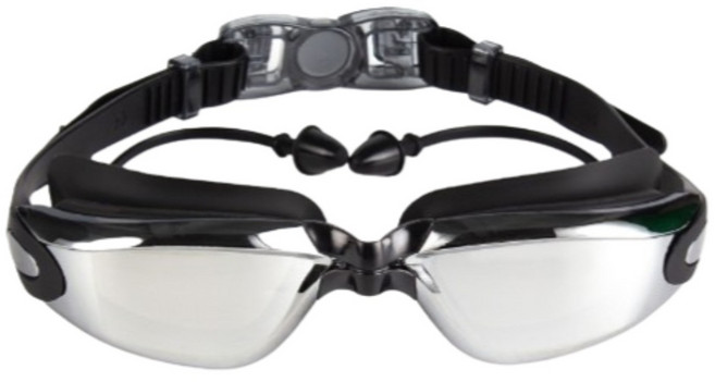 요거꾹 김서림 방지 귀마개 일체형 미러 수경, 블랙, 1개