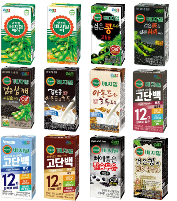 정식품 베지밀 12종(에이+비+검은콩고칼슘+검은콩깨+검은참깨고칼슘+검은콩아몬드호두+아몬드호두+고단백검은콩+고단백플레인+고단백초코+검은콩16곡+뼈칼슘), 72개, 190ml