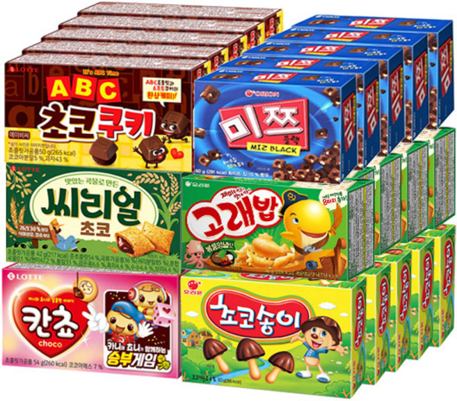 롯데 칸쵸 54g+씨리얼 초코 42g+ABC 에이비씨 초코쿠키 50g+미쯔블랙 60g+초코송이 50g+고래밥 46gx각5개(총30개)