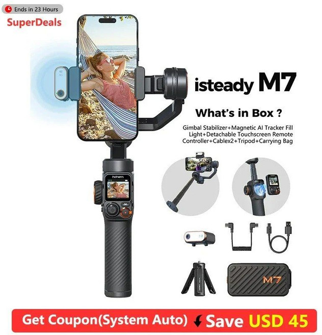 호헴 M7 iSteady 짐벌 스태빌라이저 아이폰 호환/안드로이드용 삼각대 폰 거치대 3축 AI 트래킹 조명 탑재, Coupon, isteady M7