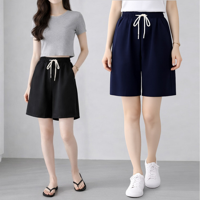 1+1 여성 빅사이즈 마 4부 반바지 포켓 와이드 밴딩팬츠 기본 베이직 고무줄 주머니 데일리 여름 심플 일상 외출복