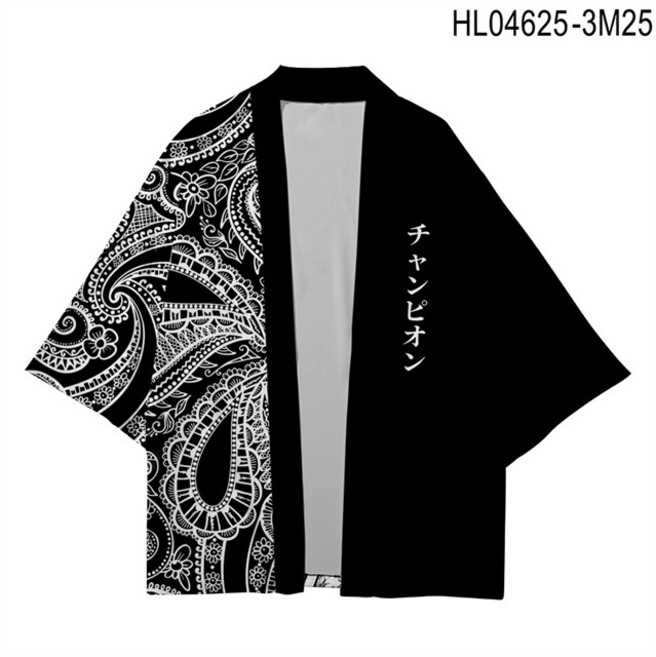 유카타 일본 사무라이 가디건 카나가와 웨이브 프린트 하라주쿠 기모노 코스프레 상의 의류 남녀공용 라지 사이즈 5XL