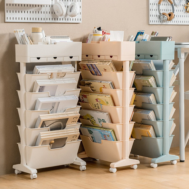 바퀴달린 이동식 5단 북카트 책꽂이 책 트롤리 북트레일러 학습지 선반 서랍, [이동식 책꽂이/화이트]