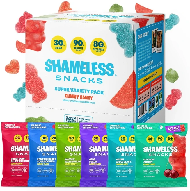 Shameless Snacks - 건강한 저칼로리 스낵 저탄수화물 케토 구미(글루텐 프리 캔디) 6팩 슈퍼 버라이어티 팩, 슈퍼 다양성 팩, 50g, 6개 - 쿠팡