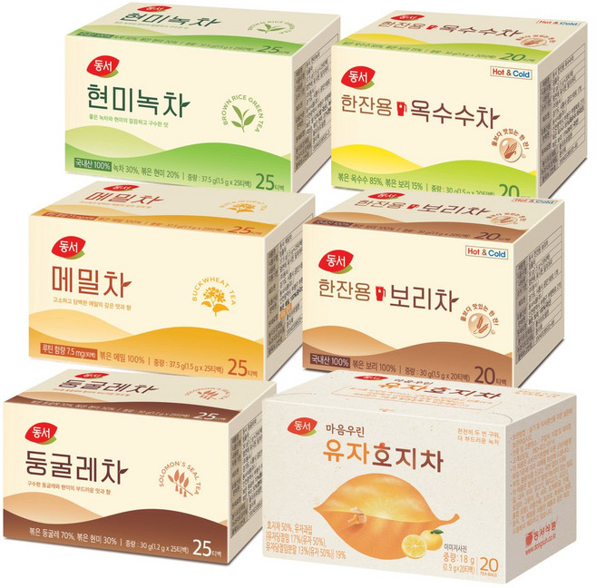 동서 티백 6종세트(현미녹차+둥굴레차+메밀차+한잔용보리차+한잔용옥수수차+호지유자차), 1개