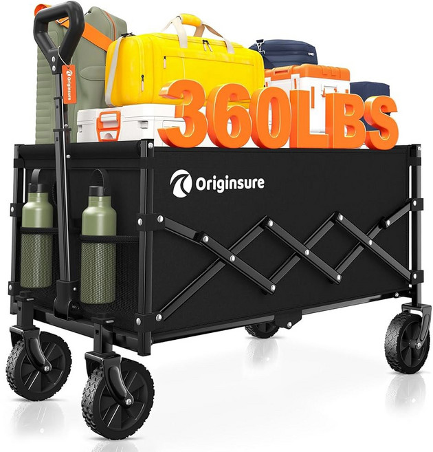 오리진슈어 접이식 마차 - 바퀴가 달린 휴대용 헤비 듀티 비치 식료품 쇼핑 캠핑 스포츠 정원용 야외 유틸리티 카트 대용량 블랙, Black