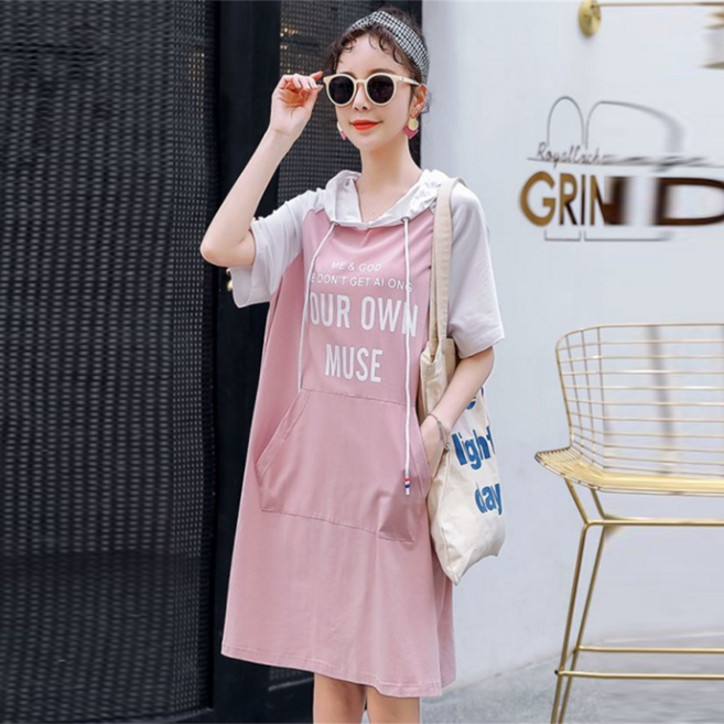 besteffie 여성용 여름 반팔 후드 원피스 캐주얼 면 소재 영문 프린트 루즈핏 숏슬리브 K89