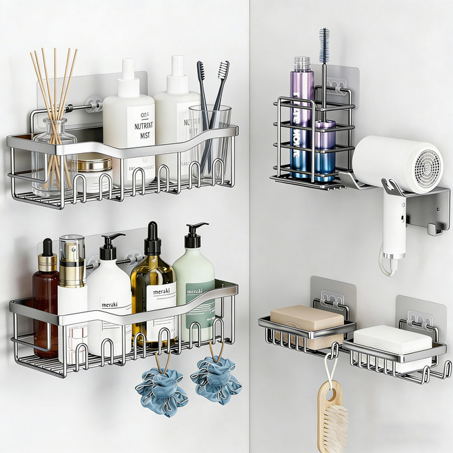 욕실선반 무타공 욕실 수납 세트 스테인리스 거치대 드라이기 비누거치대 칫솔바구니 6 종, 1세트, 은색