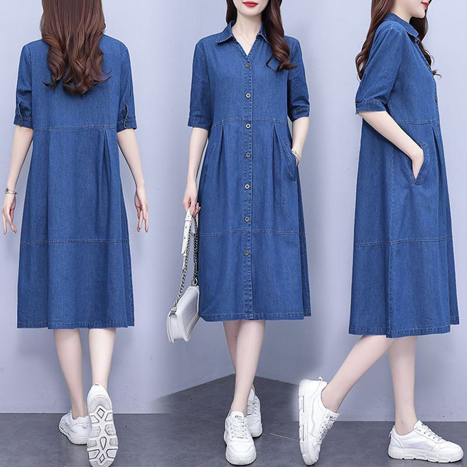 JUSTFEELING L-5XL 빅사이즈 카라넥 실크원피스 날씬해보이는 여름 중년여성 얇은데님 원피스