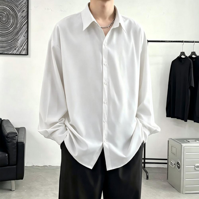 남성용 블랙 오버핏 긴팔 셔츠 무지 심플 캐주얼 데일리룩 셔츠