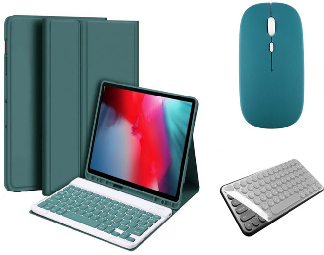 아이패드 호환 에어 프로 미니 1/2/3/4/5/6/7/8/9/10 세대 M2 M4 펜슬 수납 블루투스 키보드 케이스 무선 마우스 세트 iPad Pro Air Mini 케이스나라, 다크그린